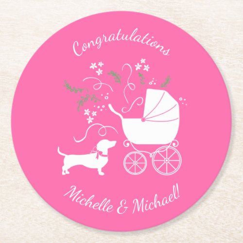 Dachshund Wiener Dog Baby Shower Pink Girl Round Paper Coaster