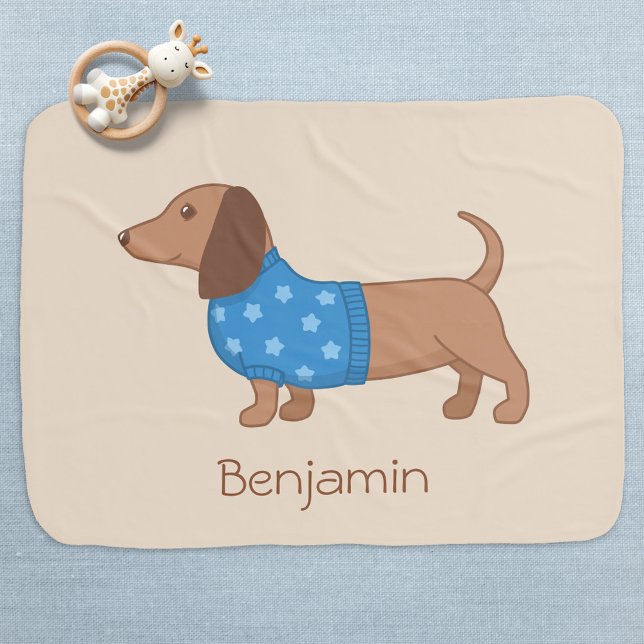 Dachshund Wiener Dog Blue Star Sweater Custom Name Baby Blanket (Creator Uploaded)