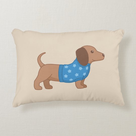 Dachshund Wiener Dog Blue Star Sweater On Beige Accent Pillow