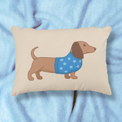 Dachshund Wiener Dog Blue Star Sweater on Beige Accent Pillow