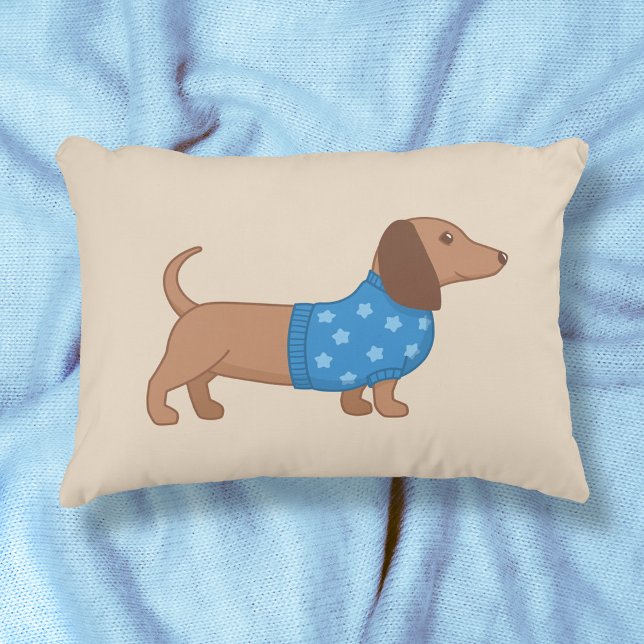 Dachshund Wiener Dog Blue Star Sweater on Beige Accent Pillow (Creator Uploaded)
