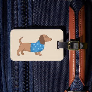 Dachshund Wiener Dog Blue Star Sweater on Beige Luggage Tag