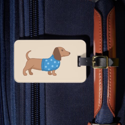 Dachshund Wiener Dog Blue Star Sweater on Beige Luggage Tag