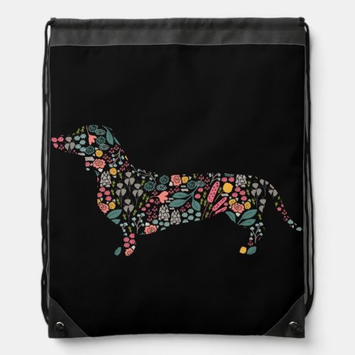 Dachshund Wiener Dog Floral Pattern Watercolor Art Drawstring Bag