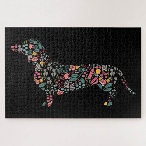 Dachshund Wiener Dog Floral Pattern Watercolor Art Jigsaw Puzzle