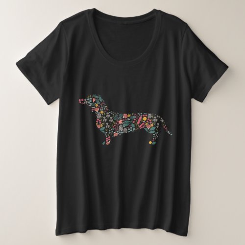 Dachshund Wiener Dog Floral Pattern Watercolor Art Plus Size T_Shirt