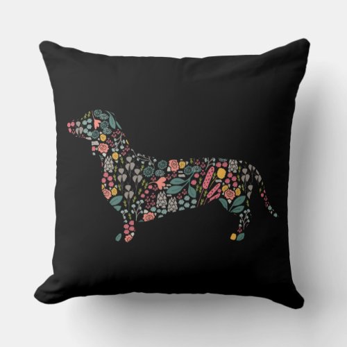 Dachshund Wiener Dog Floral Pattern Watercolor Art Throw Pillow