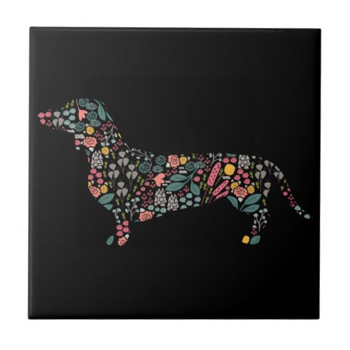 Dachshund Wiener Dog Floral Pattern Watercolor Art Tile