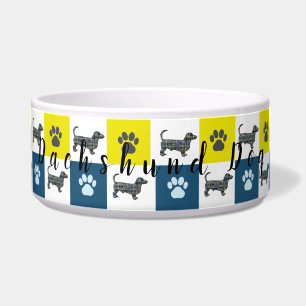 Dachshund Wiener Dog &Paw Silhouette Grid Dog Bowl