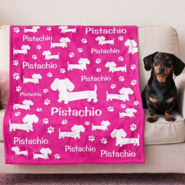 Dachshund Wiener Dog Personalized Blanket Pink (Personalized dachshund blanket in variety of colors - pink, red, teal, blue, orange, gray and more)