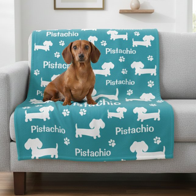 Dachshund Wiener Dog Personalized Blanket Teal (Teal dachshund blanket personalized with dog name and fave color)