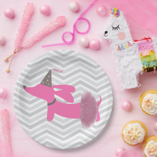 Dachshund Wiener Dog Pink Tutu Party Plates - valentines party supplies