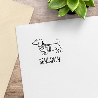 Dachshund Wiener Dog Plaid Sweater Custom Name 1x1 Rubber Stamp