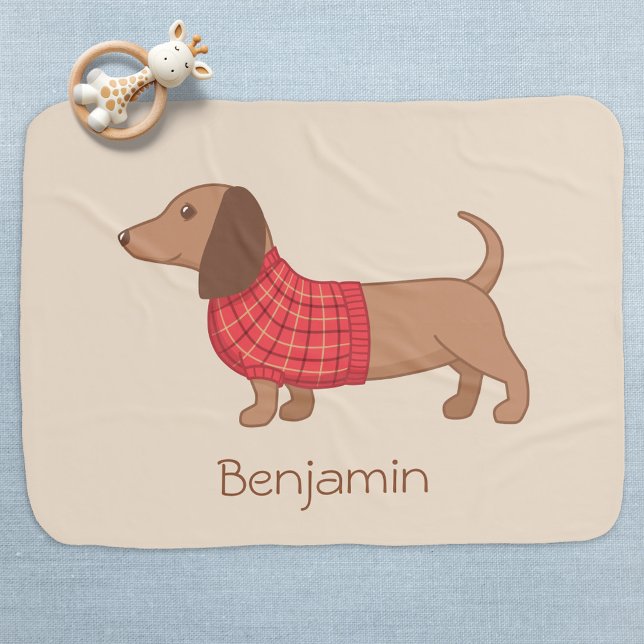Dachshund Wiener Dog Red Plaid Sweater Custom Name Baby Blanket (Creator Uploaded)