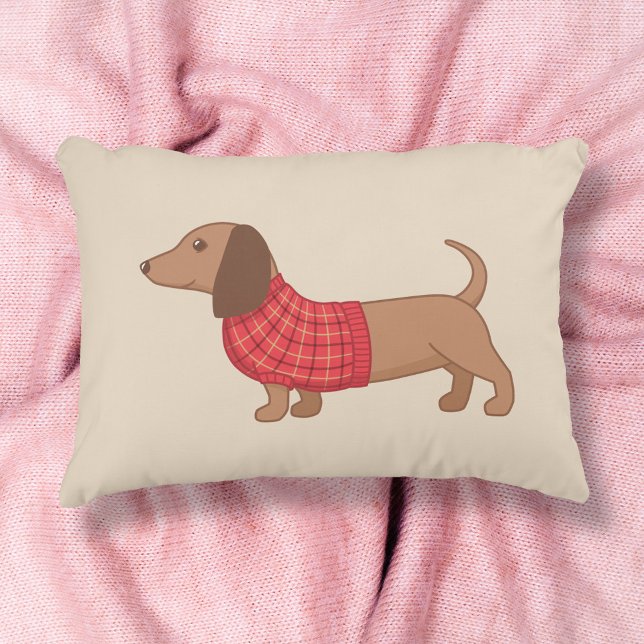 Dachshund Wiener Dog Red Plaid Sweater on Beige Accent Pillow (Creator Uploaded)