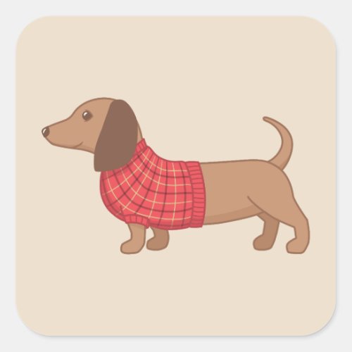 Dachshund Wiener Dog Red Plaid Sweater on Beige Square Sticker