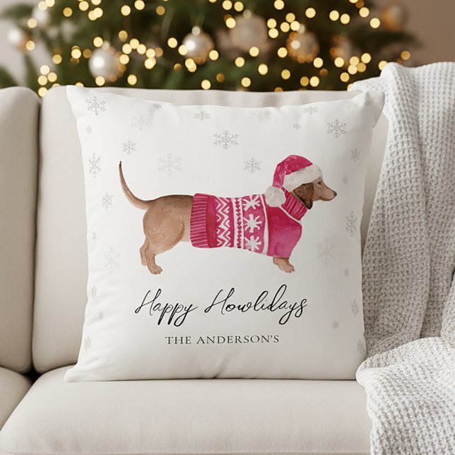 Dachshund Wiener Dog Watercolor Pet Holiday Throw Pillow (Creator Uploaded)