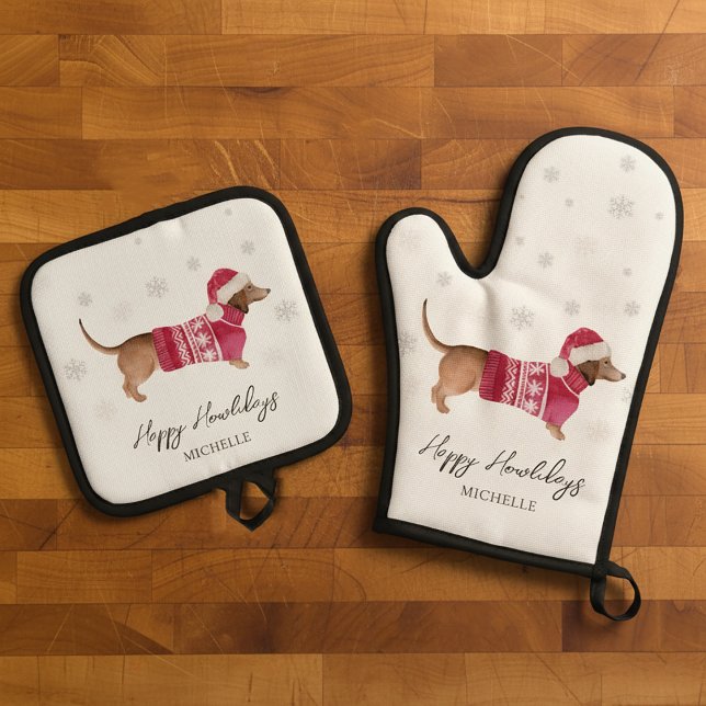 Dachshund Wiener Dog Winter Holiday Oven Mitt & Pot Holder Set (Creator Uploaded)