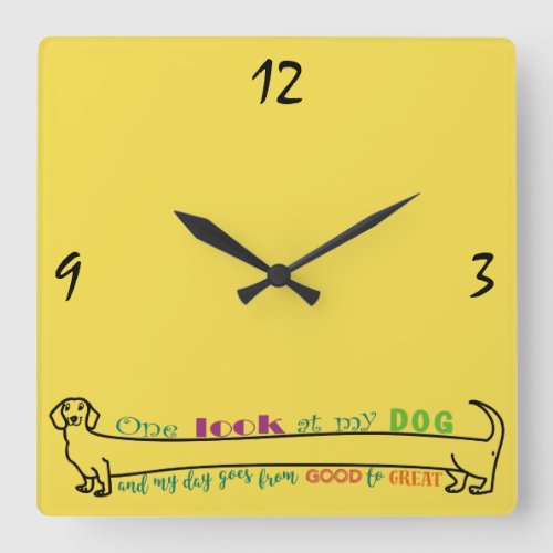 Dachshund Wiener Long Dog Funny Cute Simple Yellow Square Wall Clock