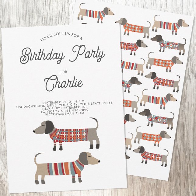 Dachshund Wiener Sausage Dog Birthday Party Invitation (Fun Dachshund Wiener Sausage Dog personalized birthday party invitation with custom text)