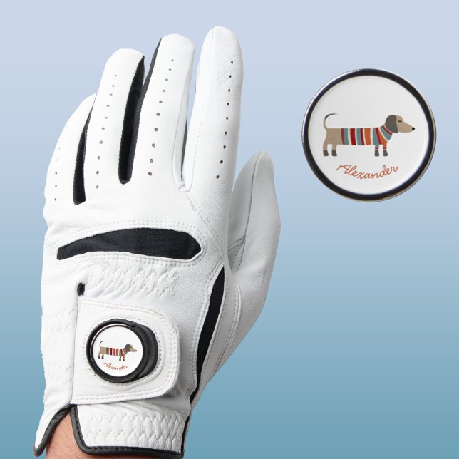 Dachshund Wiener Sausage Dog Personalized Golf Glove (Personalized name Dachshund Wiener Sausage Dog golf glove with marker)