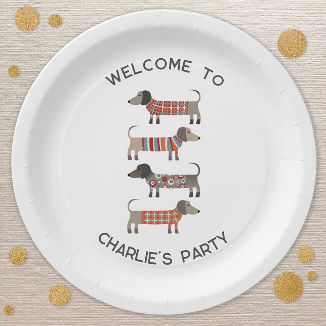 Dachshund Wiener Sausage Dog Personalized Paper Plates (Cute personalized name and message Dachshund Wiener Sausage dog party paper plates)