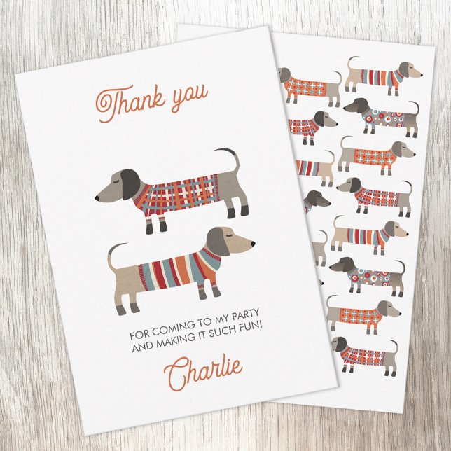 Dachshund Wiener Sausage Dog Personalized Party Thank You Card (Fun Dachshund Wiener Sausage Dog personalized custom text party thank you card)