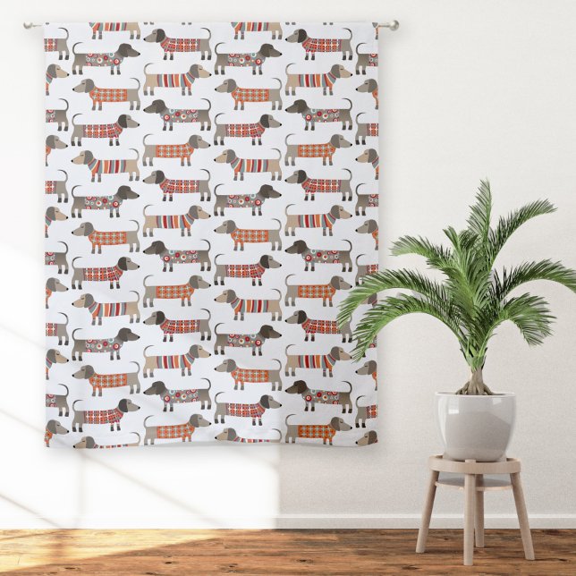 Dachshund Wiener Sausage Dog Sheer Curtains (Dachshund Wiener Sausage Dogs in cozy knitwear pattern on sheer or blackout curtains)