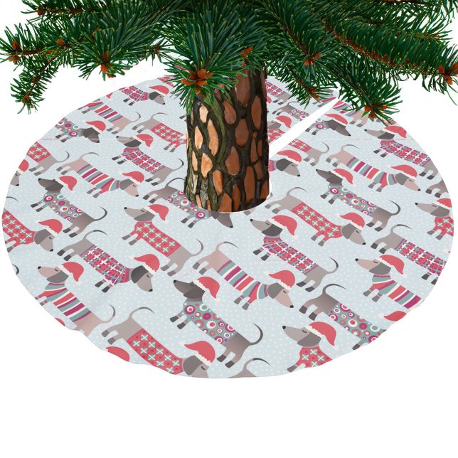 Dachshund Wiener Sausage Dogs in Christmas Hats Brushed Polyester Tree Skirt (Fun Dachshund dogs in Santa hats festive Christmas tree skirt)