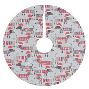 Dachshund Wiener Sausage Dogs in Christmas Hats Brushed Polyester Tree Skirt