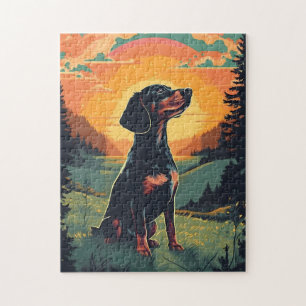 Dachshund winter mountain forest during sunset jigsaw puzzle