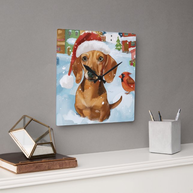 Dachshund Winter Wonderland Christmas Joy Square Wall Clock (Office)