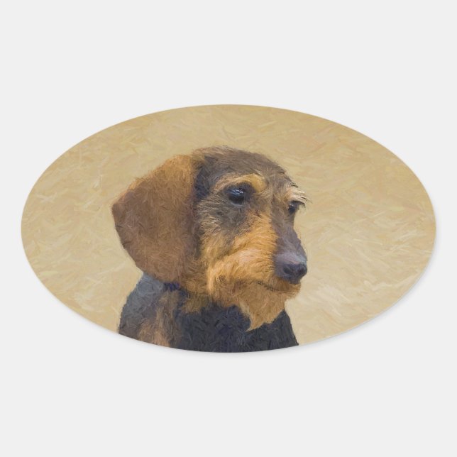 Dachshund (Wirehaired) Painting Original Dog Art Oval Sticker (Front)