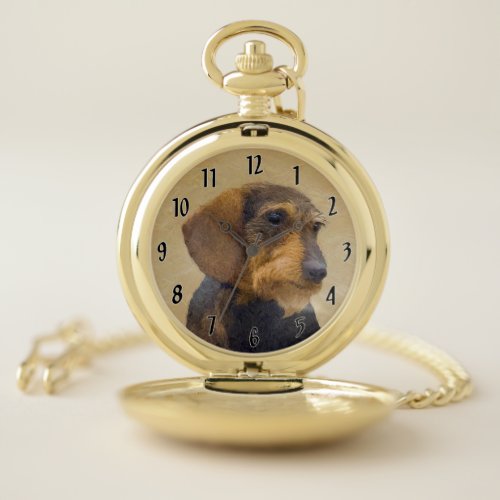 Dachshund Wirehaired Painting Original Dog Art Pocket Watch