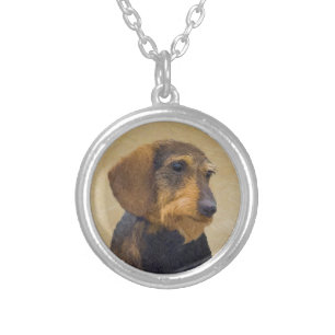 Dachshund (Wirehaired) Painting Original Dog Art Silver Plated Necklace