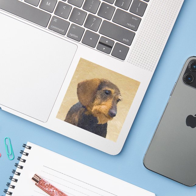 Dachshund (Wirehaired) Painting Original Dog Art Sticker (Laptop w/ iPhone)