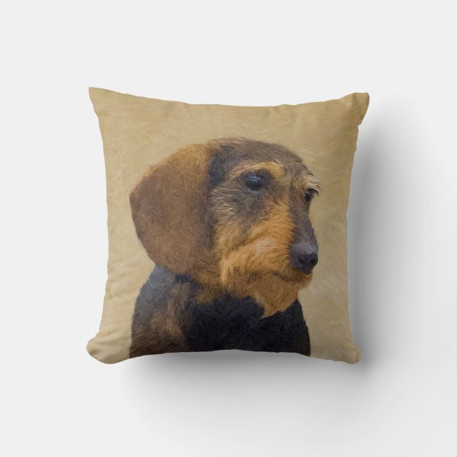 Dachshund (Wirehaired) Painting Original Dog Art Throw Pillow (Front)