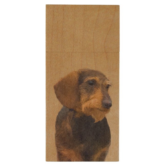 Dachshund (Wirehaired) Painting Original Dog Art Wood Flash Drive (Back (Vertical))