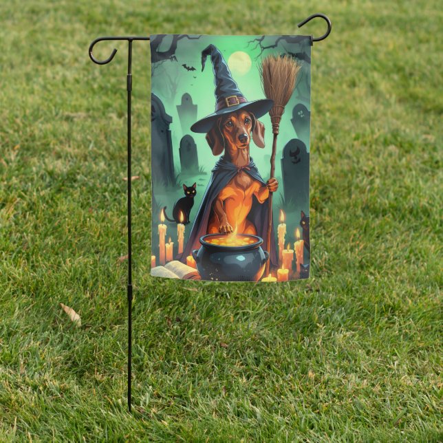 Dachshund Witch Halloween Garden Flag (In SItu)
