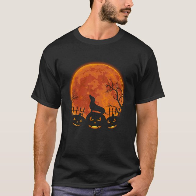 Dachshund Witch Halloween Pumpkin Funny Scary Cost T-Shirt (Front)