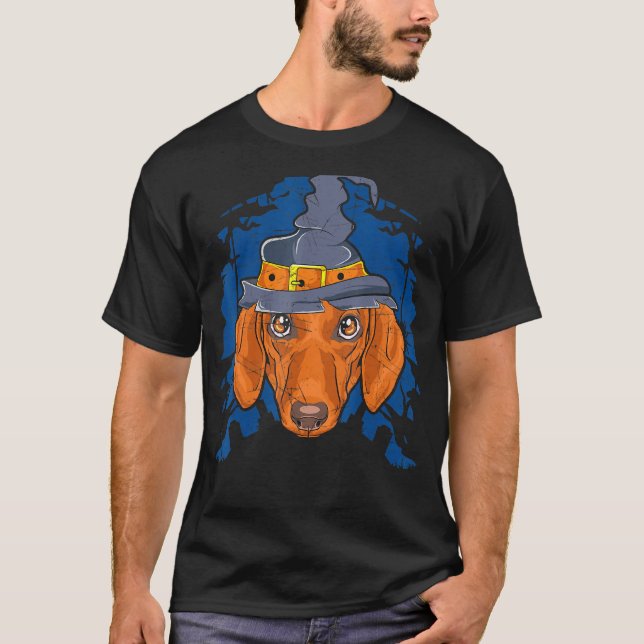 Dachshund Witch Halloween Sausage Wiener Dog T-Shirt (Front)