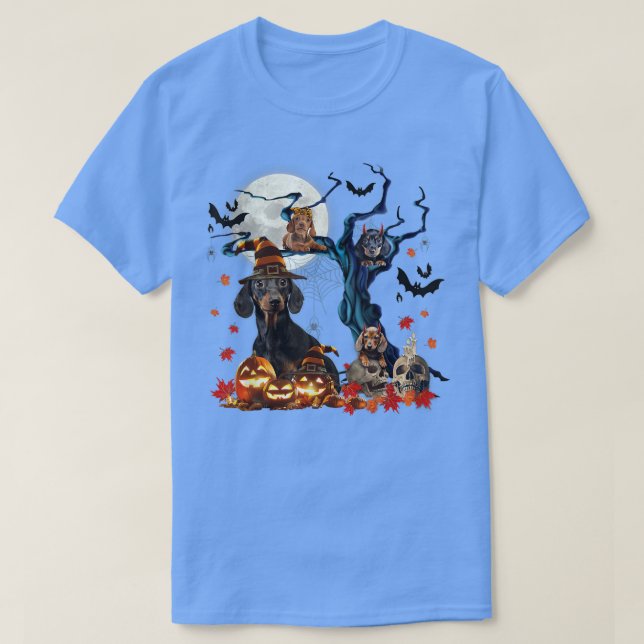 Dachshund Witch On Halloween Tree Spooky Pumpkin N T-Shirt (Design Front)