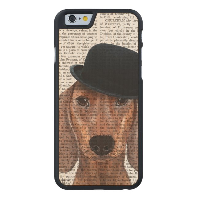 Dachshund with Black Bowler Hat Carved Wood iPhone Case (Back)