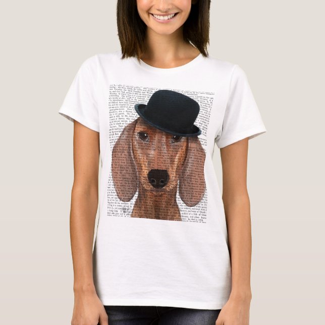 Dachshund with Black Bowler Hat T-Shirt (Front)