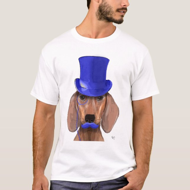 Dachshund With Blue Top Hat and Blue Moustache (Front)