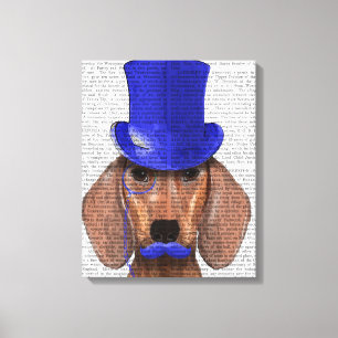 Dachshund With Blue Top Hat and Blue Moustache Canvas Print