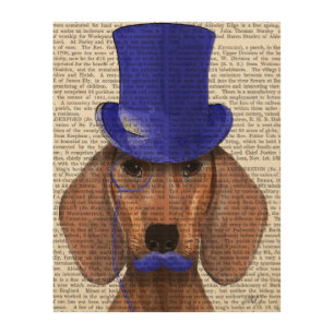 Dachshund With Blue Top Hat and Blue Moustache Wood Wall Art