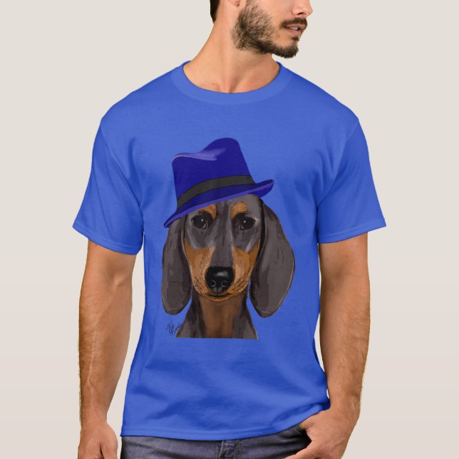 Dachshund With Blue Trilby T-Shirt (Front)