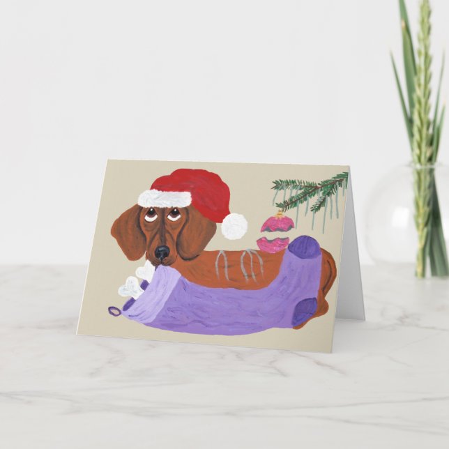 Dachshund With Christmas Stocking Holiday Card (Front)