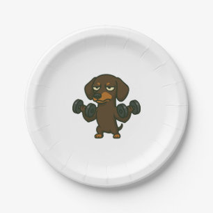 Dachshund with dumbbell fitness training biceps wo paper plates